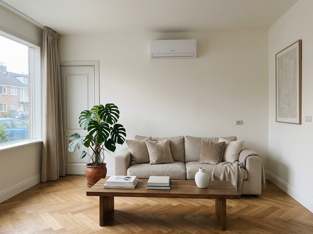 Witte wandmodel airco geplaatst in een lichte woonkamer